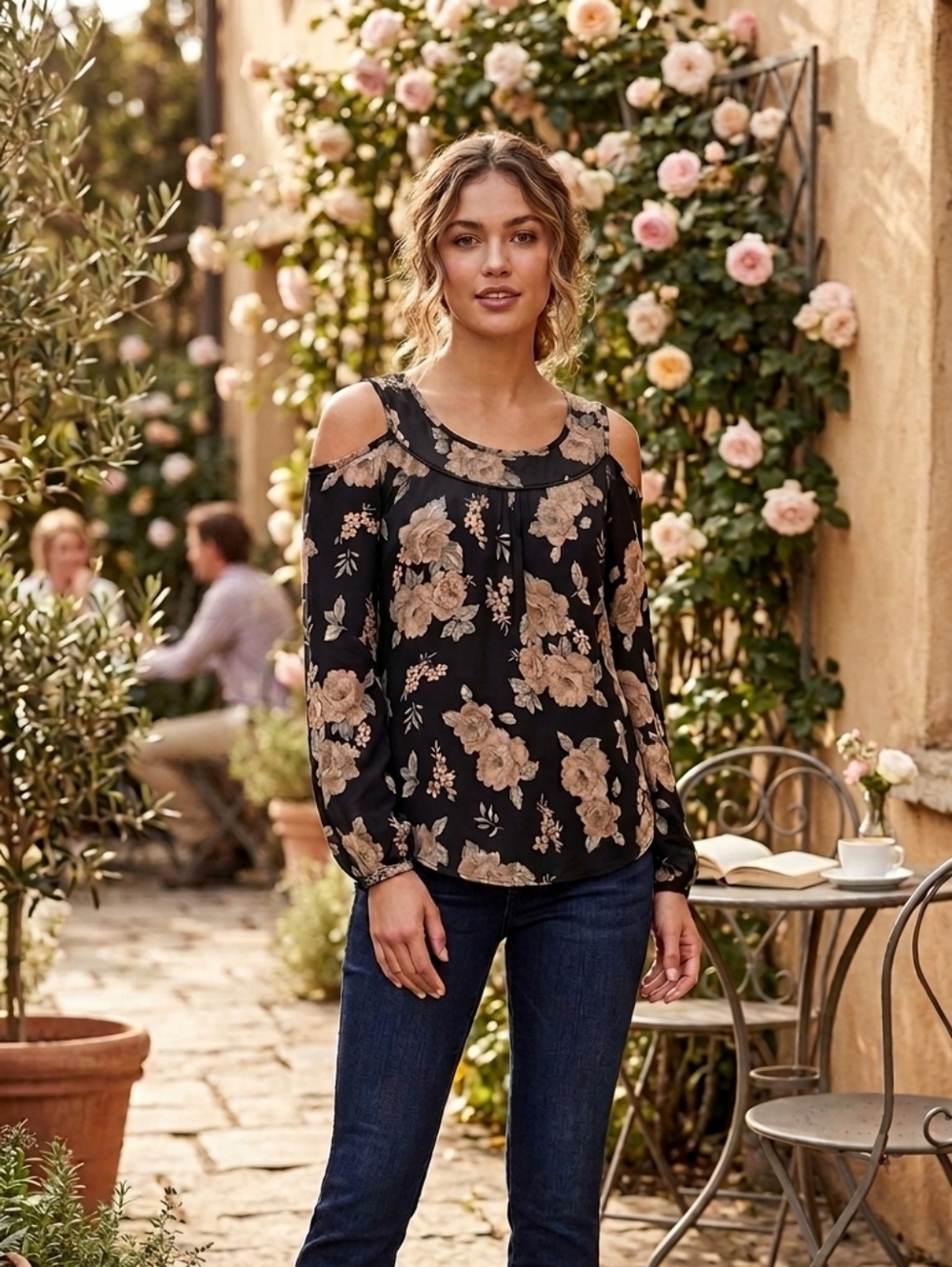 🎀Black Cold-Shoulder Floral Blouse with Beige Roses